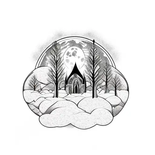 A blackwork tattoo of a gothic cathedral surrounded by dark and twisted trees, with a full moon in the background. tattoo design idea