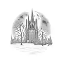 A blackwork tattoo of a gothic cathedral surrounded by dark and twisted trees, with a full moon in the background. tattoo design idea