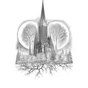 A blackwork tattoo of a gothic cathedral surrounded by dark and twisted trees, with a full moon in the background. tattoo design idea
