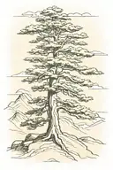 cedar tree with mountain background tattoo design idea