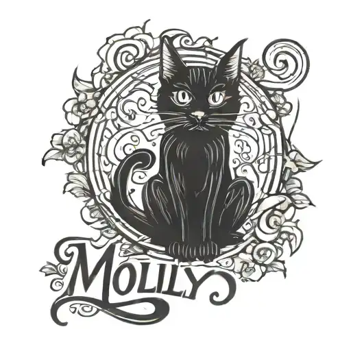 black cat with the phrase that says Molly written underneath tattoo design idea