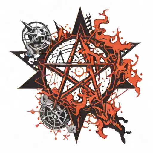 devil pentagram fire flames tattoo design idea