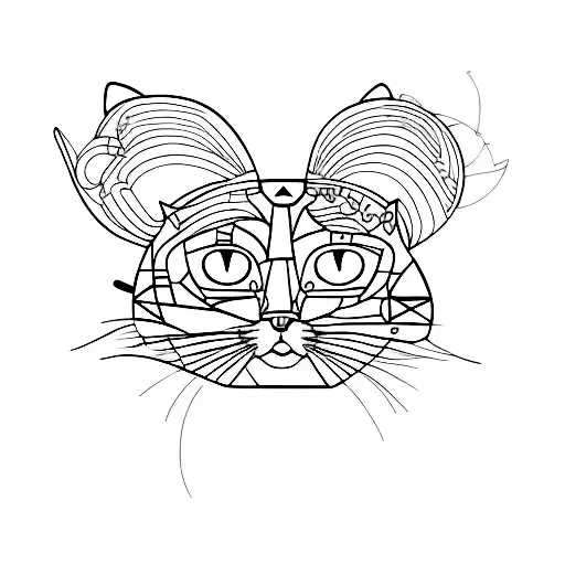 Generates the image of a cat drawn in a stylized and simplified way. The cat is sitting with its back straight and its t tattoo design idea