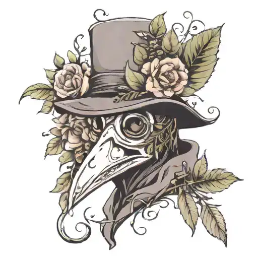 plague doctor mask and florals and greenery leaves and branches with muted colors, can include persephone  tattoo design idea