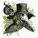 plague doctor mask and florals and greenery leaves and branches with muted colors, make the greenery part of the outfit  tattoo design idea