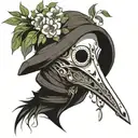 plague doctor mask and florals and greenery leaves and branches with muted colors, make the greenery part of the outfit  tattoo design idea