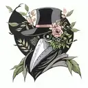 plague doctor mask and florals and greenery leaves and branches with muted colors, make the greenery part of the outfit  tattoo design idea