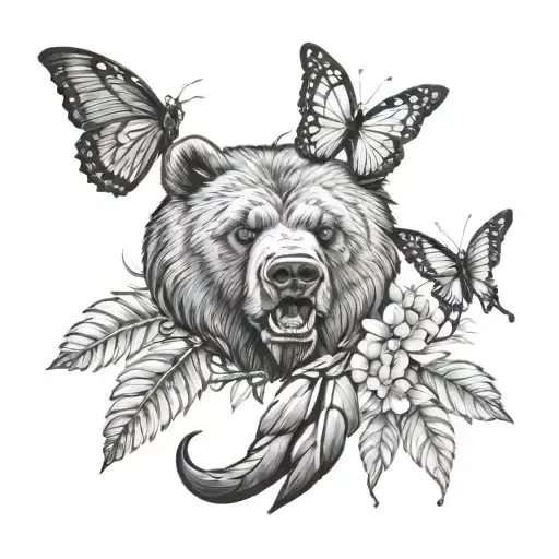 A realistic tattoo of a bear claw surrounded by a butterfly and cardinal, symbolizing strength and freedom tattoo design idea