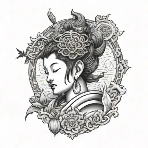 japanese buddhist features, maybe something related to gemini zodiac sign tattoo design idea
