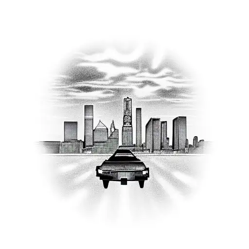 A time-traveling DeLorean car flying over the iconic New Orleans skyline tattoo design idea