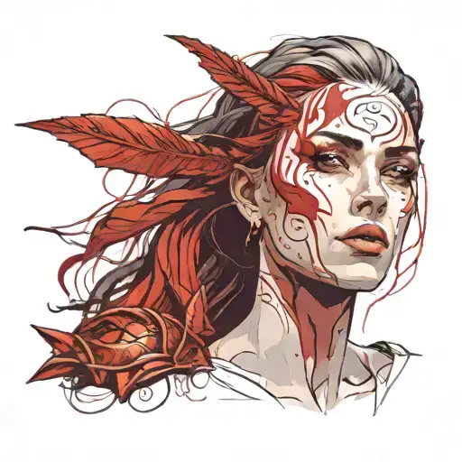 A tired but sexy warrior whose tiredness of life is reflected in her eyes, she has a body that resembles a statue, a red tattoo design idea