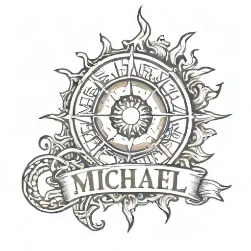 a tattoo of the name Michael that's accentuated by an astral sun design  tattoo design idea