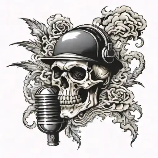 skull surrounded by smoke coming from a vintage microphone  tattoo design idea