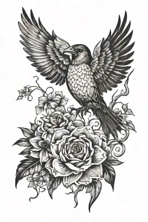 A sharp nature tattoo with sexy elements, incorporating birds in a blackwork style tattoo design idea