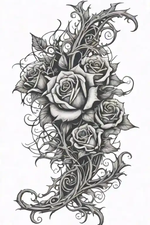 gothic style rose thorn vines wrapping around the torso, detailed shadows tattoo design idea