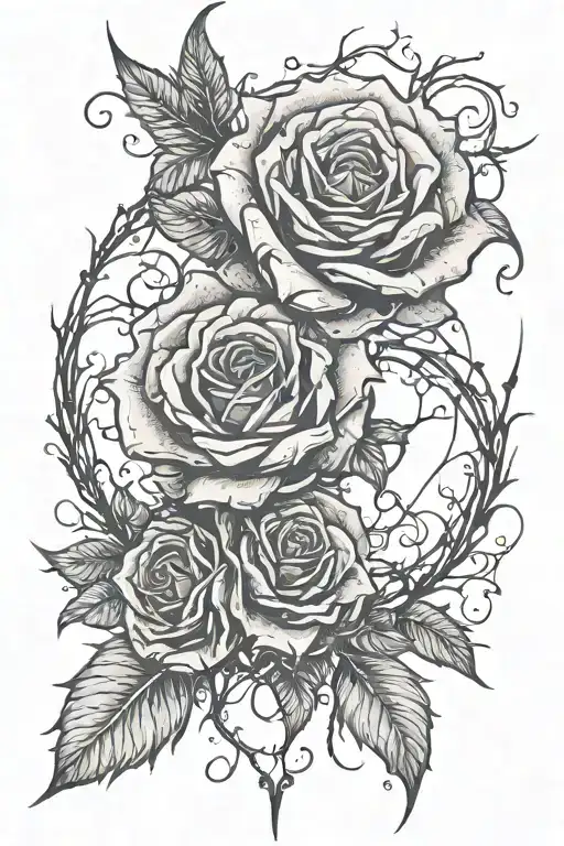 gothic style rose with long thorn vines wrapping around the torso, detailed shadows tattoo design idea