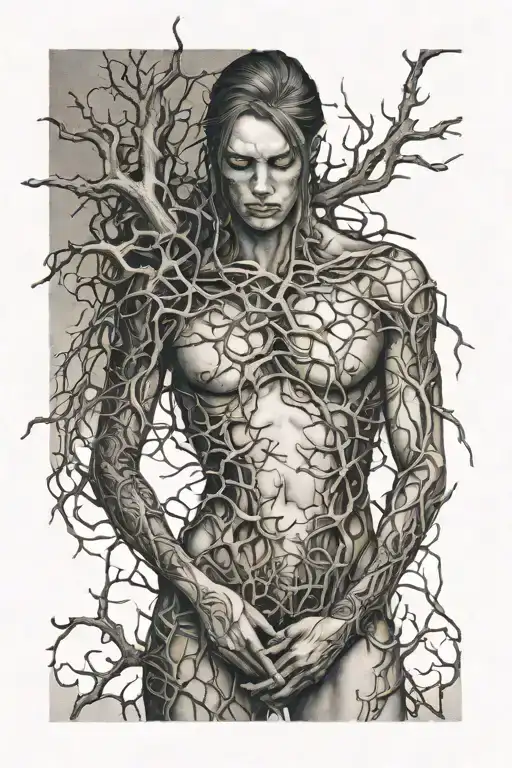 gothic style long slender vines with sparse thorns wrapping around the torso, detailed shadows tattoo design idea