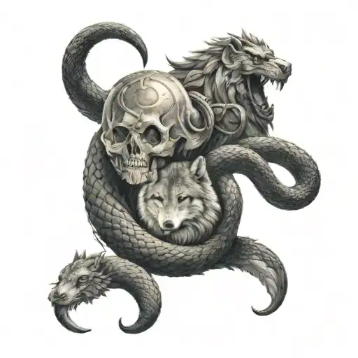 snake on top bird and viking in middle and wolf in the bottom  tattoo design idea