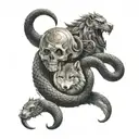 snake on top bird and viking in middle and wolf in the bottom  tattoo design idea