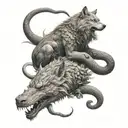 snake on top bird and viking in middle and wolf in the bottom  tattoo design idea