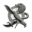 snake on top bird and viking in middle and wolf in the bottom  tattoo design idea