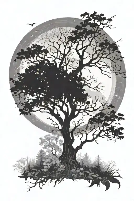 A mystical scene of a moonlit forest with hidden religious motives subtly incorporated in the trees and flowers, inspired by Lord Of The Lost's dark aesthetic tattoo design idea