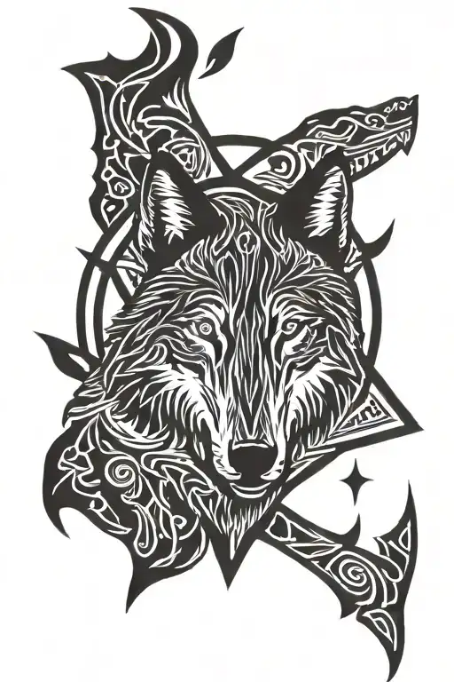 nordic runes and wolf howling tattoo design idea