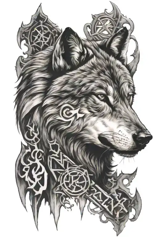 nordic runes and wolf howling tattoo design idea