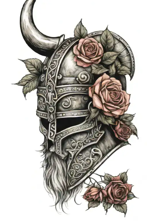 viking helmet and roses tattoo design idea