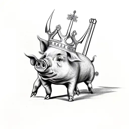 A pig wearing a crown and holding a scepter tattoo design idea
