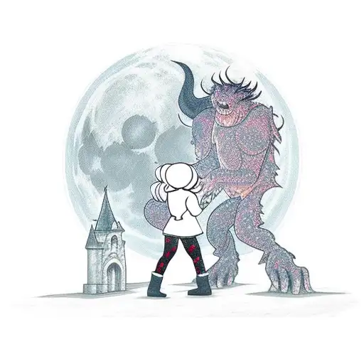 demon losing fight to a girl shushing, with castle, forrest and moon in background  tattoo design idea