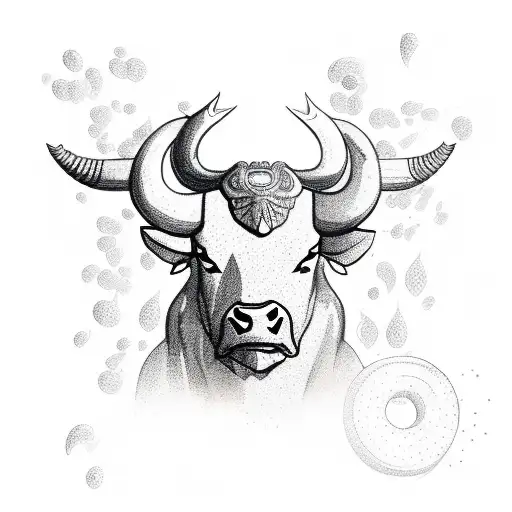 A sketch-style illustration of a bull surrounded by falling Japanese candles, creating a surreal atmosphere tattoo design idea