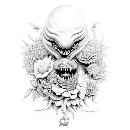 A surreal composition featuring a monstrous creature emerging from a bed of vibrant flowers, creating a juxtaposition of fear and beauty tattoo design idea