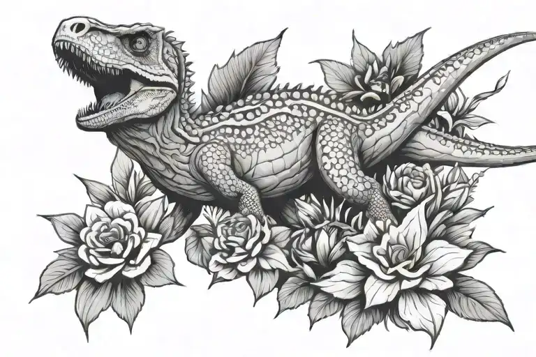 raptor dinosaur surnded by flowers tattoo design idea
