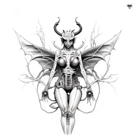 succubus with open rib cage holding bleeding anatomical heart tattoo design idea