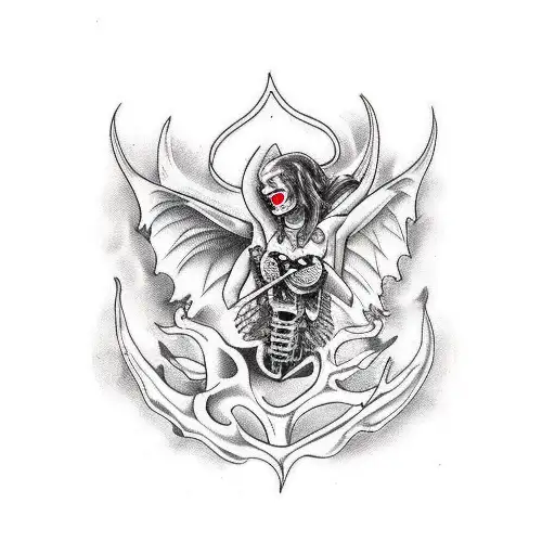 succubus, open rib cage holding bleeding anatomical heart tattoo design idea