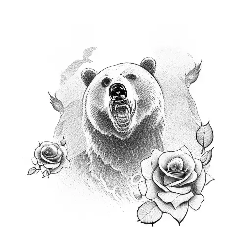 bear with roses and guns tattoo design idea