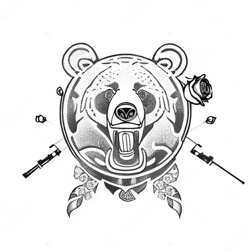 bear with roses and guns tattoo design idea