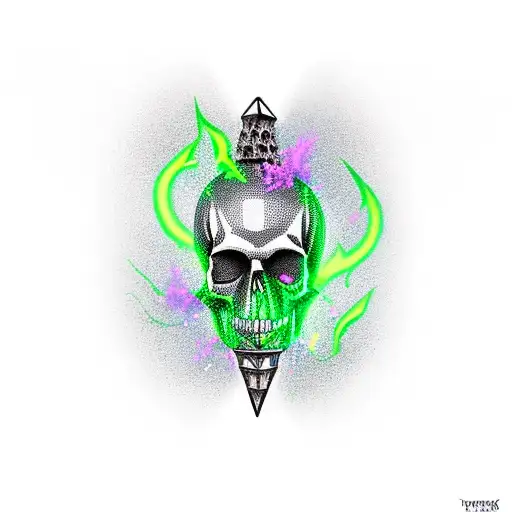 Diamond shaped Gothic lantern with a skull, spewing green flames tattoo design idea