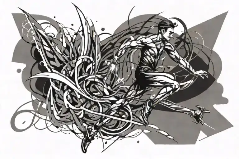 A sleek and modern tattoo design of a runner in motion, with abstract patterns representing energy and movement tattoo design idea