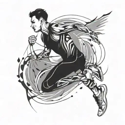 A sleek and modern tattoo design of a runner in motion, with abstract patterns representing energy and movement tattoo design idea