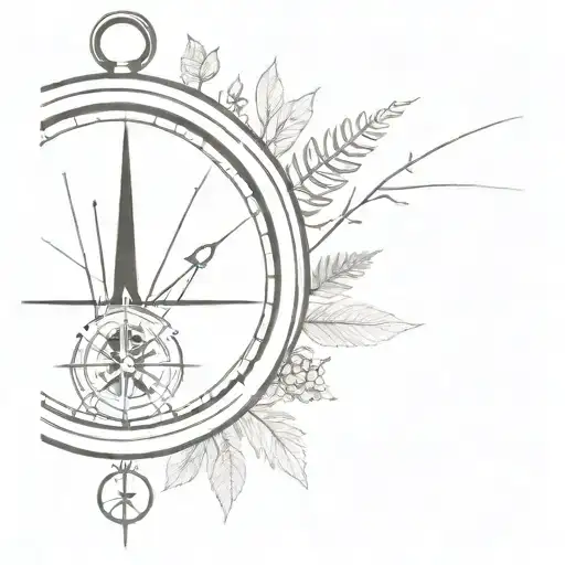A gear-shaped compass pointing towards a timepiece surrounded by nature elements tattoo design idea