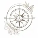 A gear-shaped compass pointing towards a timepiece surrounded by nature elements tattoo design idea