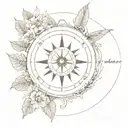 A gear-shaped compass pointing towards a timepiece surrounded by nature elements tattoo design idea