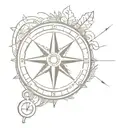 A gear-shaped compass pointing towards a timepiece surrounded by nature elements tattoo design idea