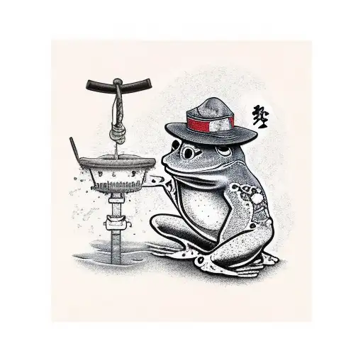 Japanese frog leaning up against a well with hat and sword tattoo design idea