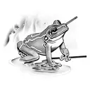 Japanese frog leaning up against a well with a straw hat and sword tattoo design idea
