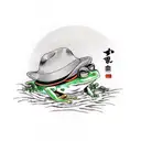 Japanese frog leaning up against a well with a straw hat and sword tattoo design idea