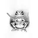 Japanese frog leaning up against a well with a straw hat and sword tattoo design idea
