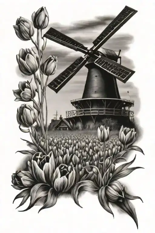 field of tulips in front of Dutch windmill  tattoo design idea